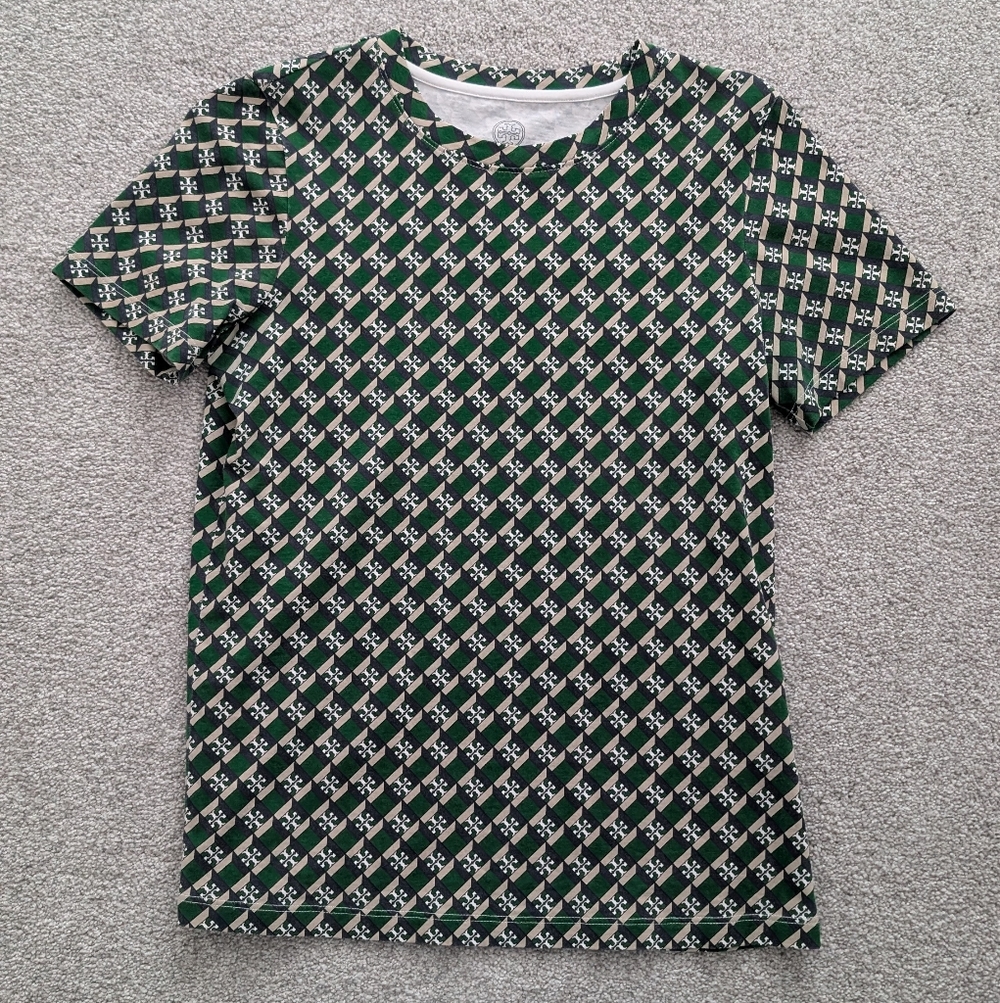 Tory Burch Green, Navy, Tan & White Logo Monogram Cotton T-Shirt